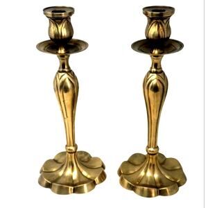 2 MCM Brass Candlesticks Holders Heavy 13" Tall Tapered Heavy Vtg Academia Goth